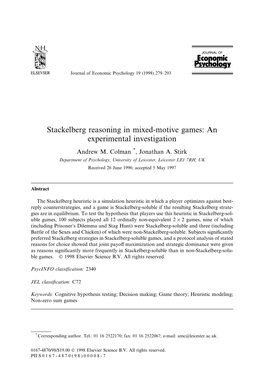Stackelberg Reasoning in Mixed-Motive Games: an Experimental Investigation