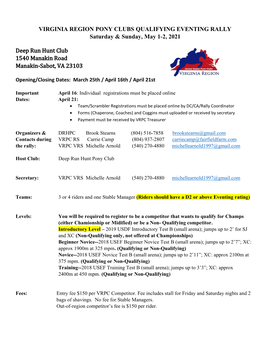 VIRGINIA REGION PONY CLUBS QUALIFYING EVENTING RALLY Saturday & Sunday, May 1-2, 2021