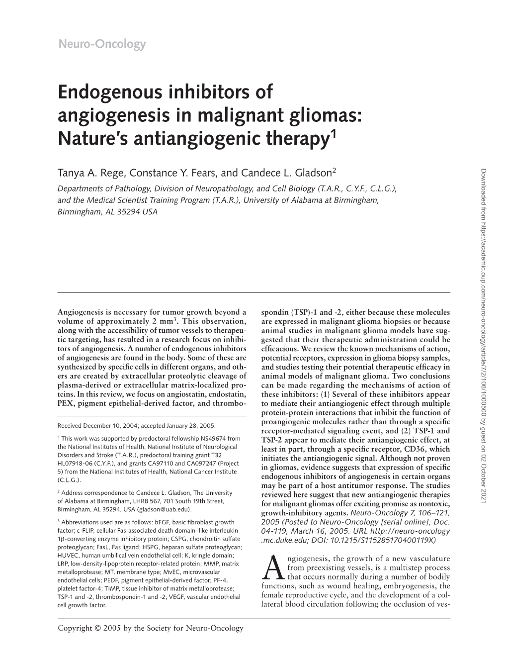Endogenous Inhibitors of Angiogenesis in Malignant Gliomas: Nature’S Antiangiogenic Therapy1