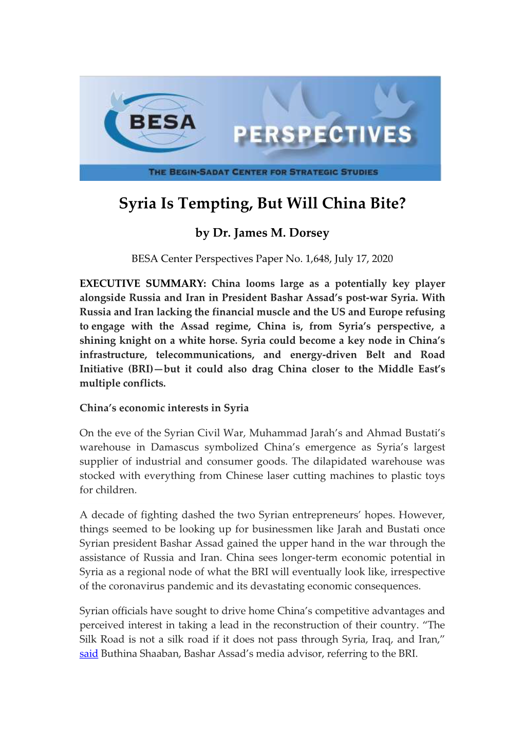 Syria Is Tempting, but Will China Bite?