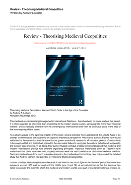 Theorising Medieval Geopolitics Written by Andrew Linklater