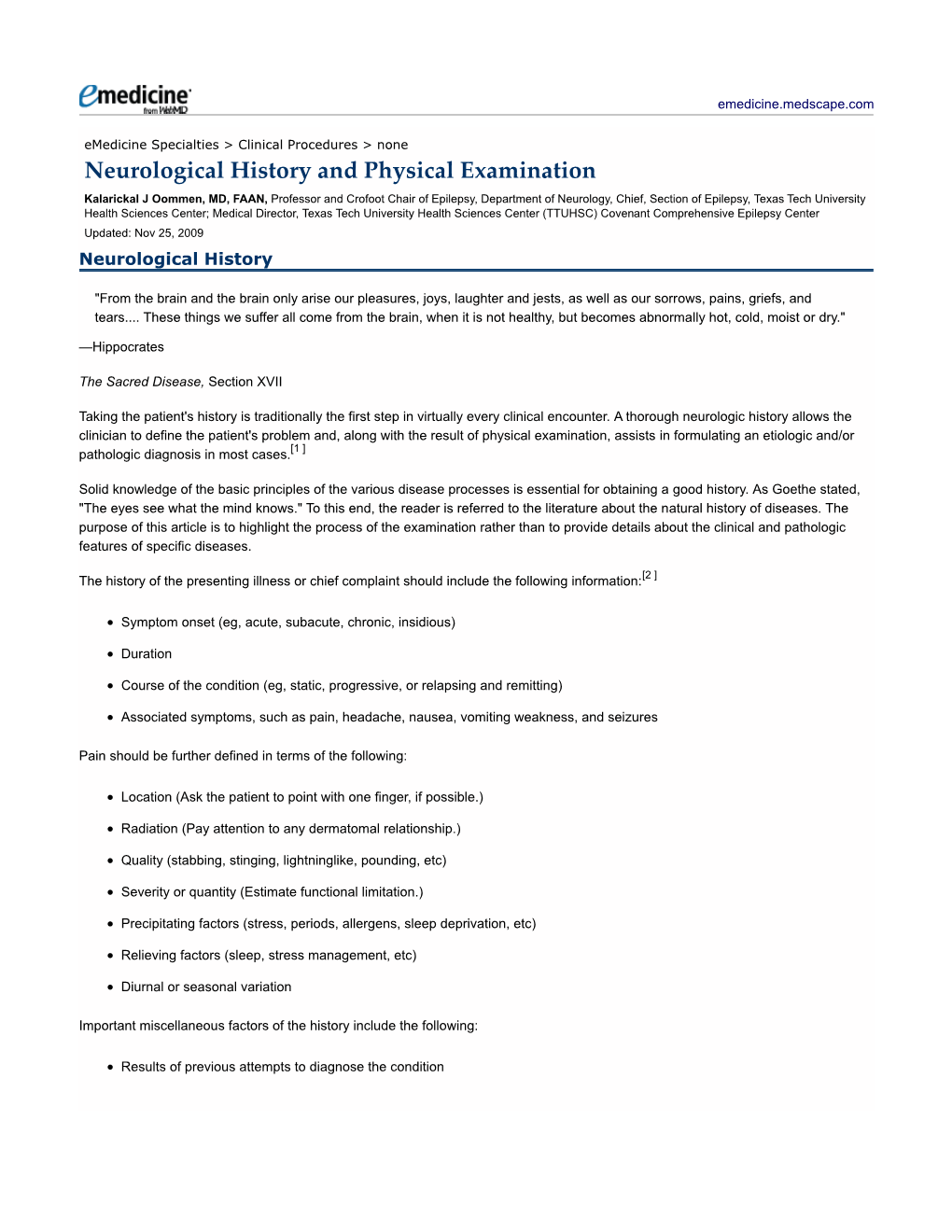 Neurological History and Physical Examination