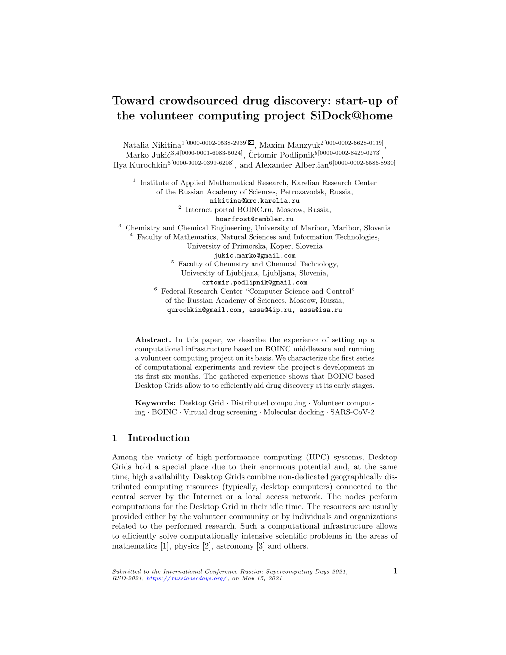 Toward Crowdsourced Drug Discovery: Start-Up of the Volunteer Computing Project Sidock@Home