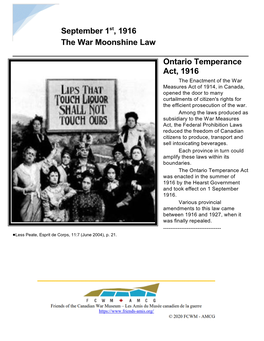 September 1St, 1916 the War Moonshine Law Ontario