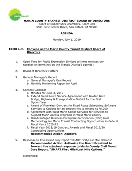 MARIN COUNTY TRANSIT DISTRICT BOARD of DIRECTORS Board of Supervisors Chambers, Room 330 3501 Civic Center Drive, San Rafael, CA 94903