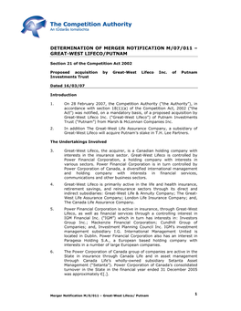 Determination of Merger Notification M/07/011 – Great-West Lifeco/Putnam