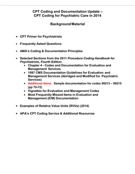 CPT Coding for Psychiatric Care in 2014 Background Material