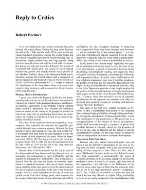 Reply to Critics Robert Brenner