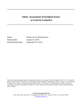 Safety Assessment of Sorbitan Esters As Used in Cosmetics