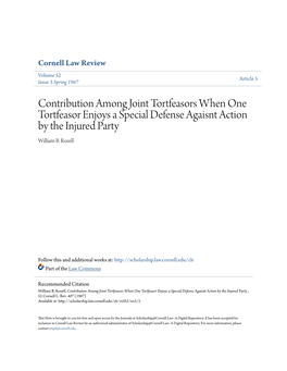 Contribution Among Joint Tortfeasors When One Tortfeasor Enjoys a Special Defense Agaisnt Action by the Injured Party William B