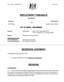 Employment Tribunals at a Final Hearing Reserved