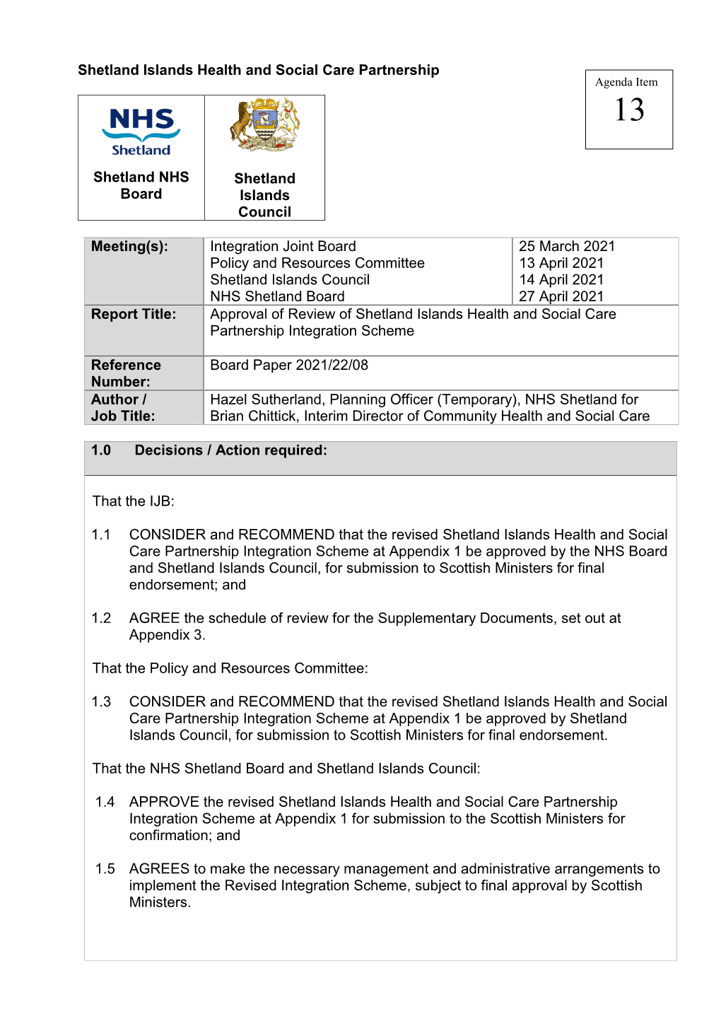 Shetland Islands Health and Social Care Partnership Agenda Item 13