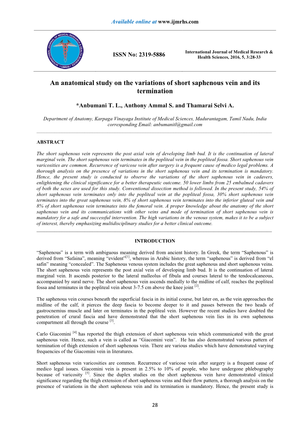 An Anatomical Study on the Variations of Short Saphenous Vein and Its Termination