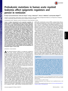 Preleukemic Mutations in Human Acute Myeloid Leukemia Affect Epigenetic Regulators and Persist in Remission