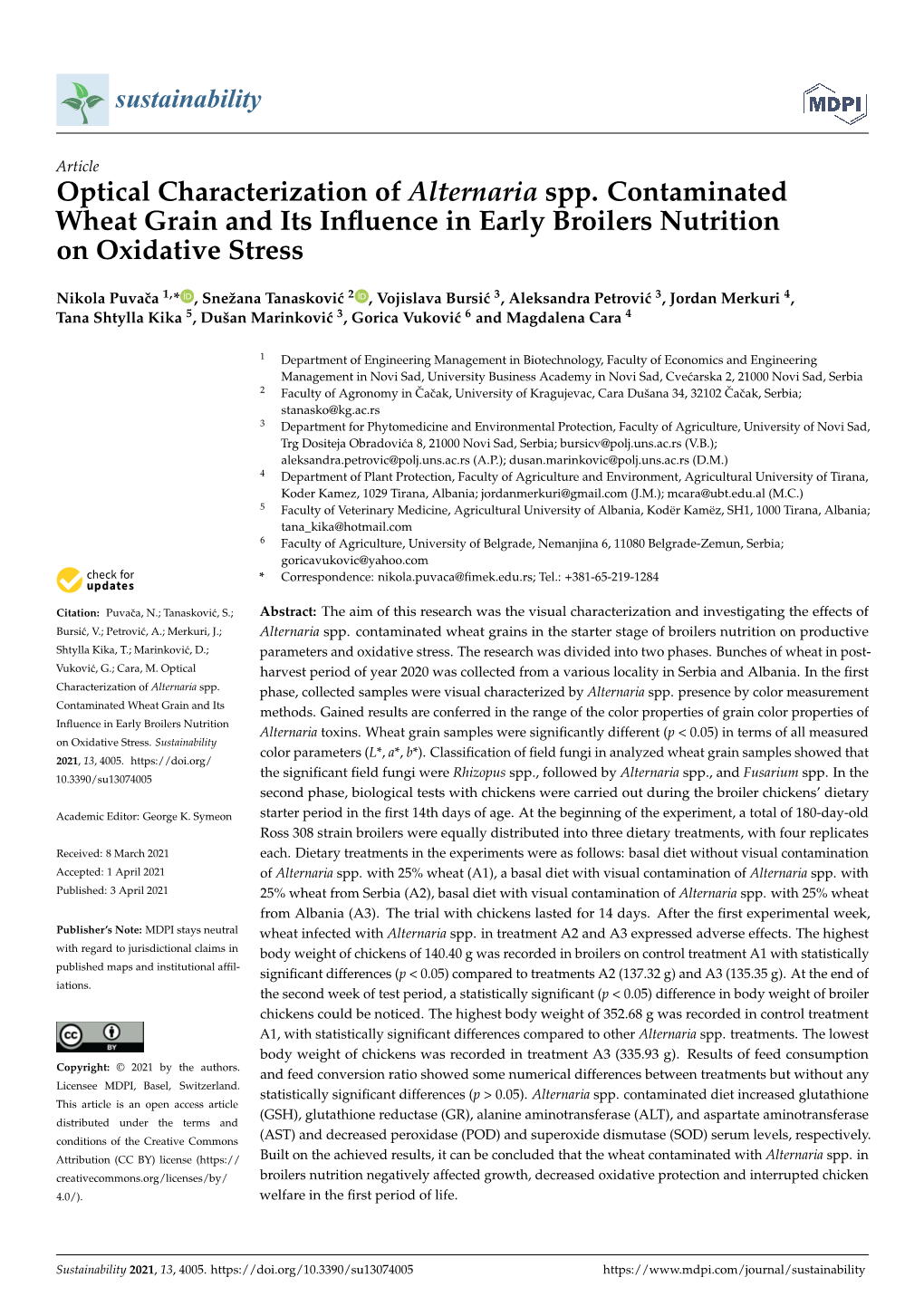 Optical Characterization of Alternaria Spp. Contaminated Wheat Grain and Its Inﬂuence in Early Broilers Nutrition on Oxidative Stress