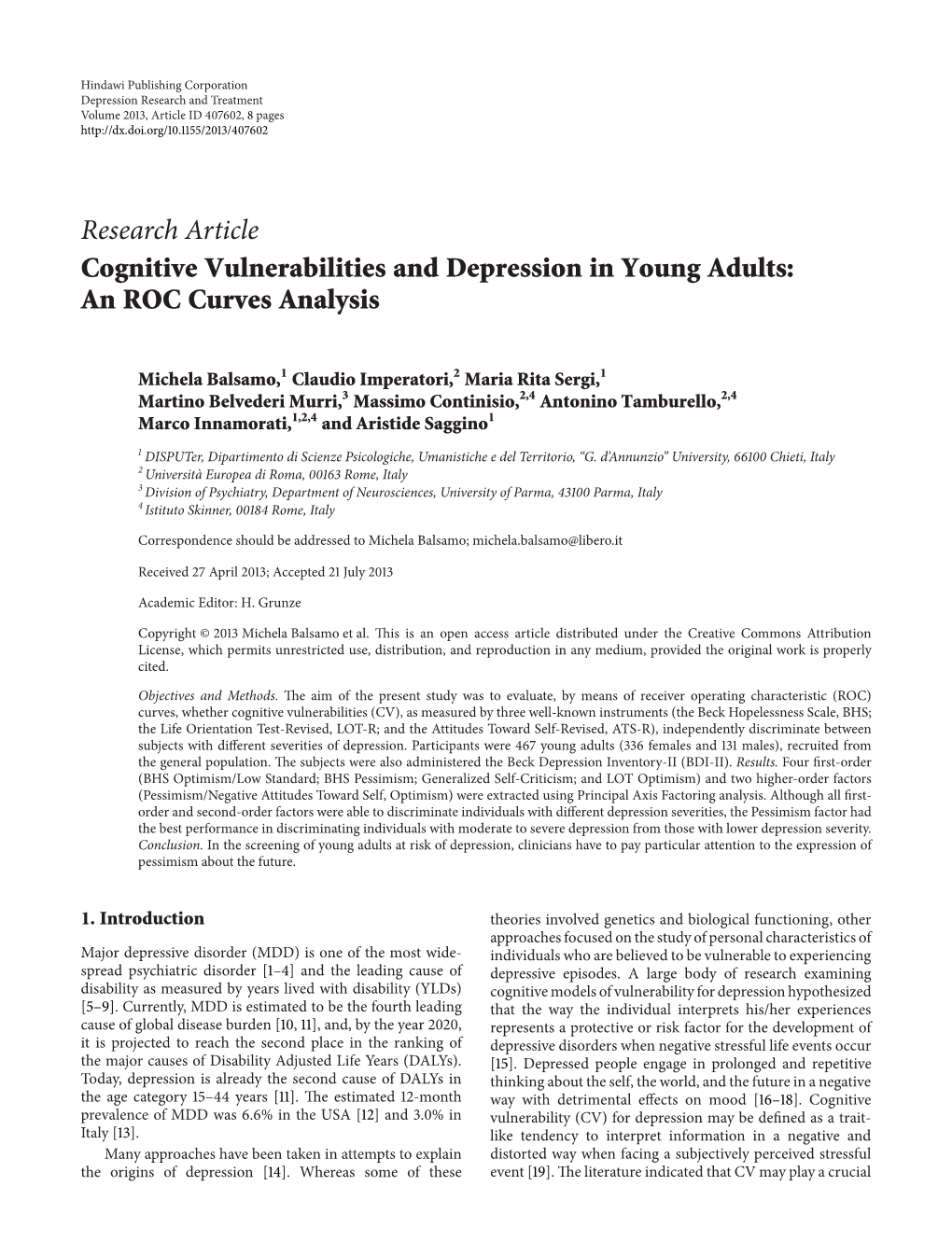 Cognitive Vulnerabilities and Depression in Young Adults: an ROC Curves Analysis