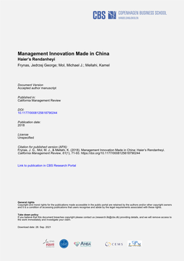 Management Innovation Made in China Haier’S Rendanheyi Frynas, Jedrzej George; Mol, Michael J.; Mellahi, Kamel