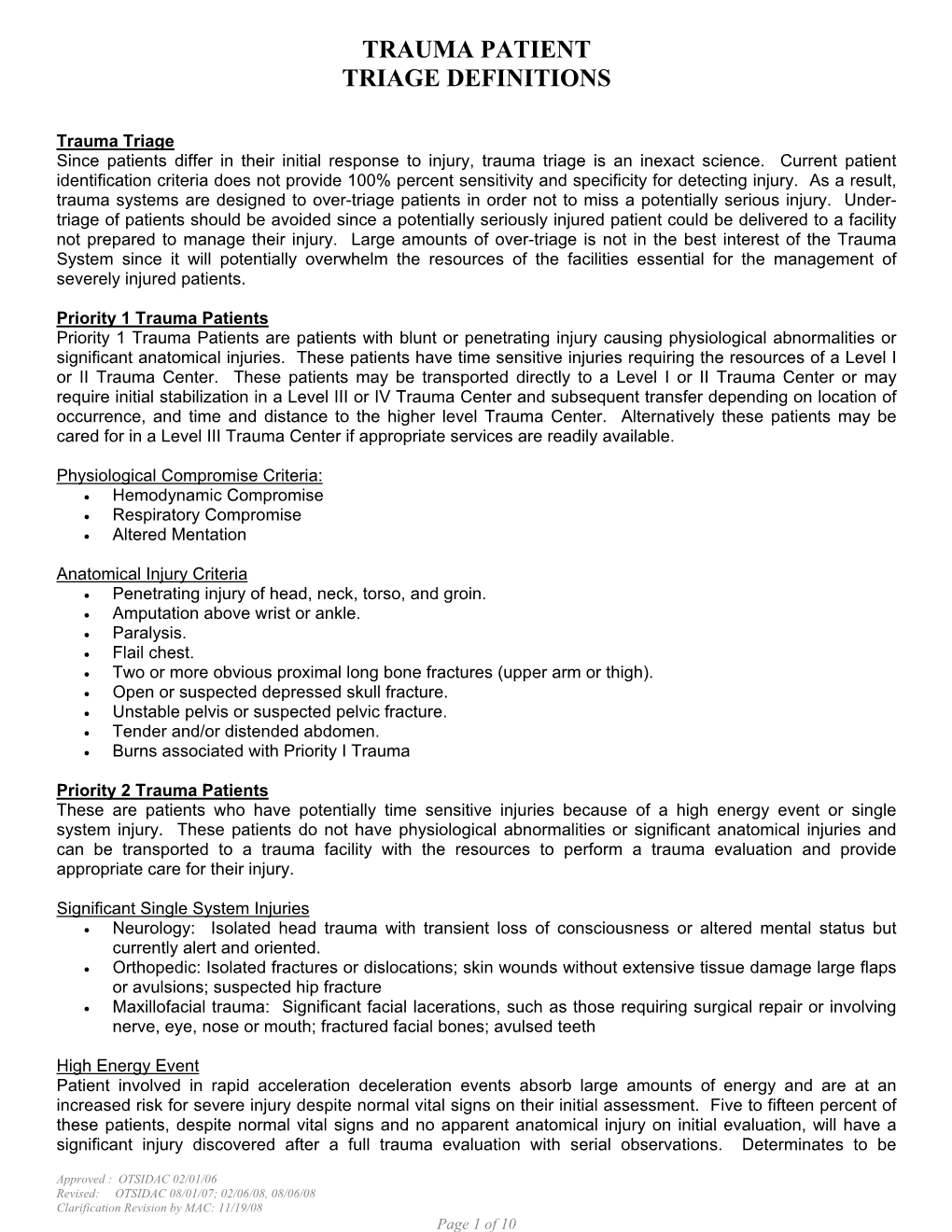 Trauma Patient Triage Definitions