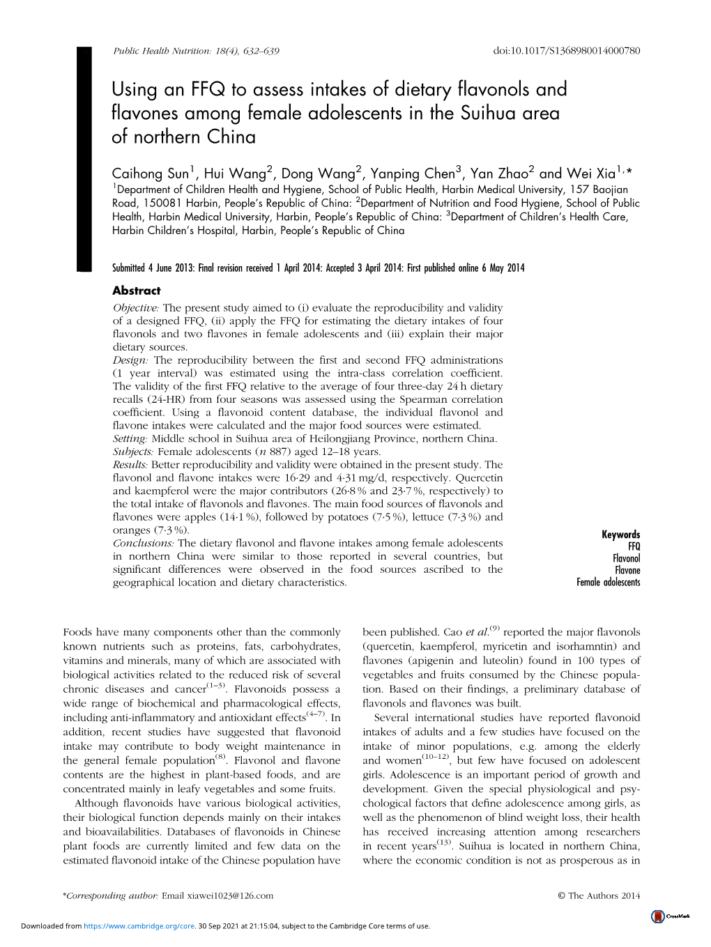 Using an FFQ to Assess Intakes of Dietary Flavonols and Flavones