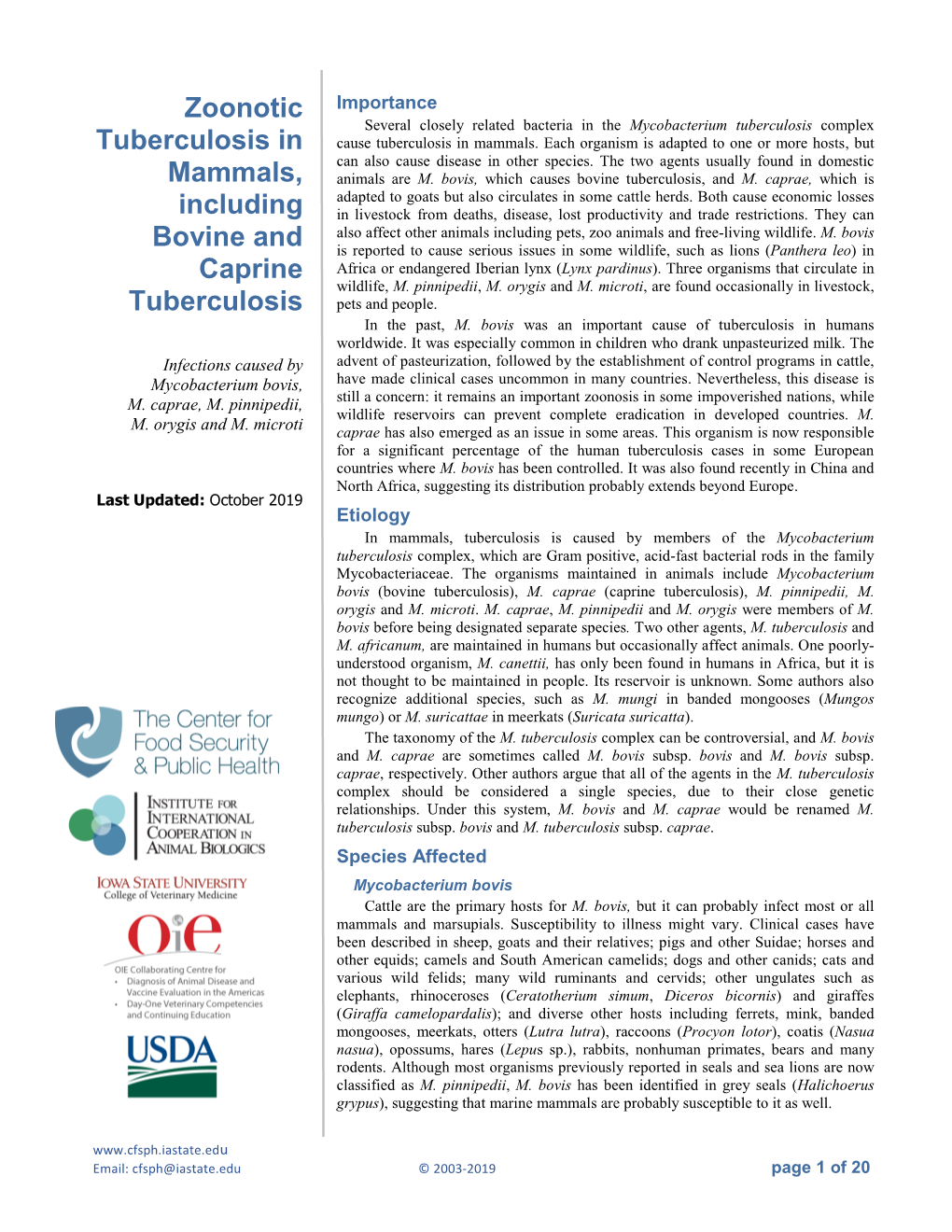 Zoonotic Tuberculosis in Mammals, Including Bovine and Caprine