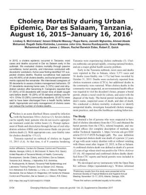 Cholera Mortality During Urban Epidemic, Dar Es Salaam, Tanzania, August 16, 2015–January 16, 20161 Lindsey S