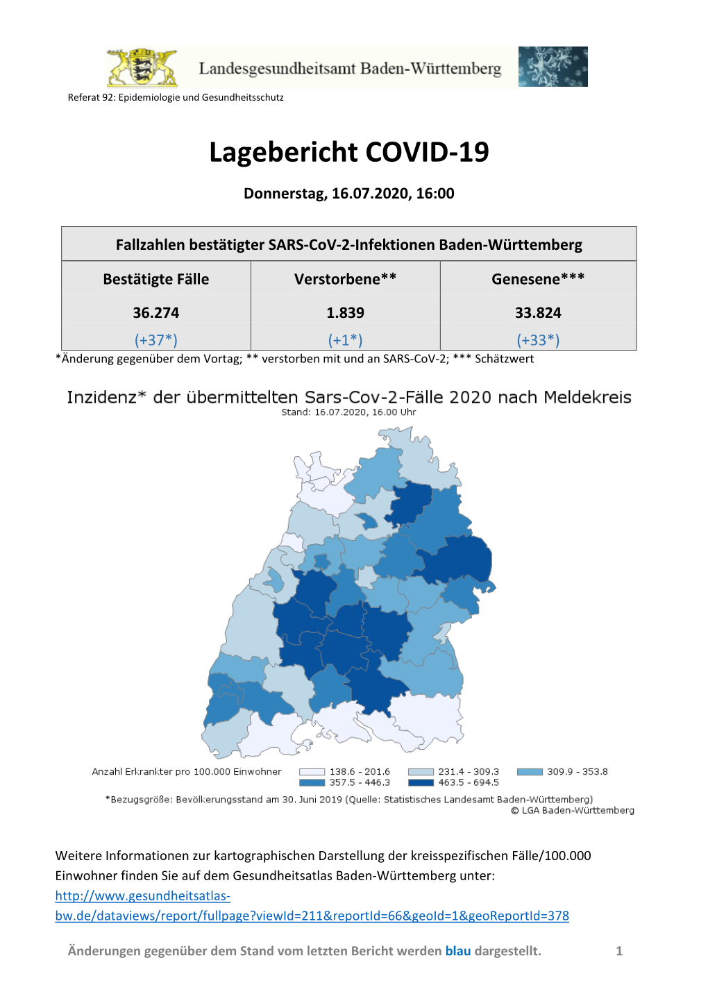 Lagebericht COVID-19 Baden-Württemberg 16.07.2020
