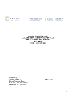 Canarc Resource Corp. Abandonment and Restoration Plan Hard Cash Project, Nunavut Npc 149100 Nwb – 2Be-Hcp1924