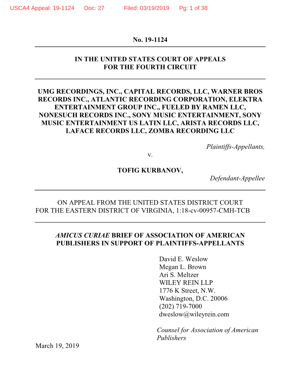 No. 19-1124 in the UNITED STATES COURT OF