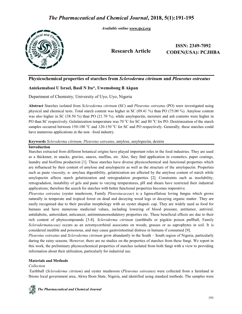 Physicochemical Properties of Starches from Scleroderma Citrinum and Pleurotus Ostreatus