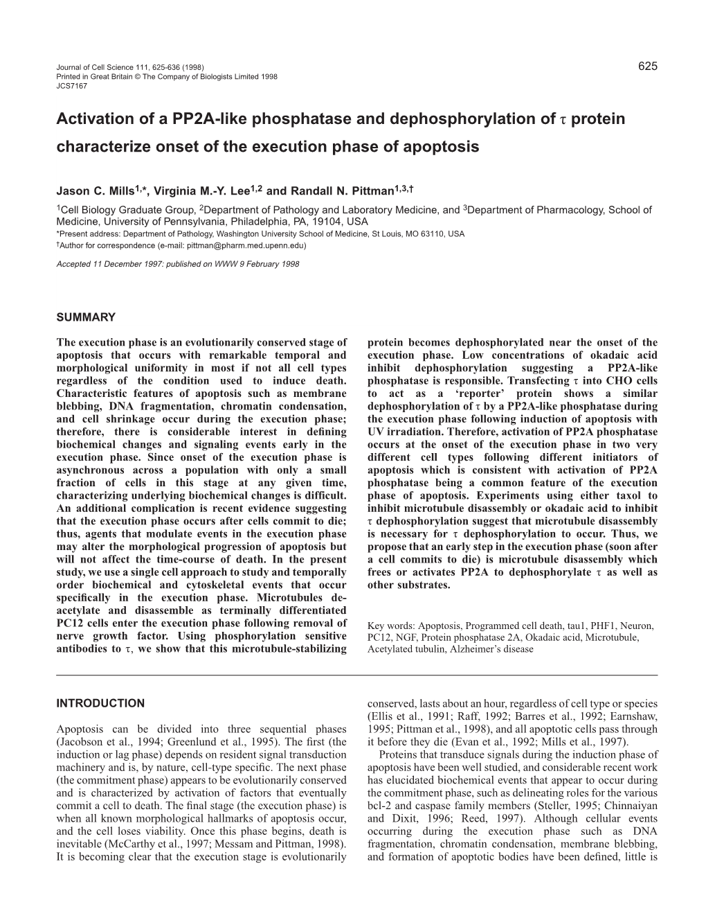 Activation of a PP2A-Like Phosphatase and Dephosphorylation of Τ Protein Characterize Onset of the Execution Phase of Apoptosis