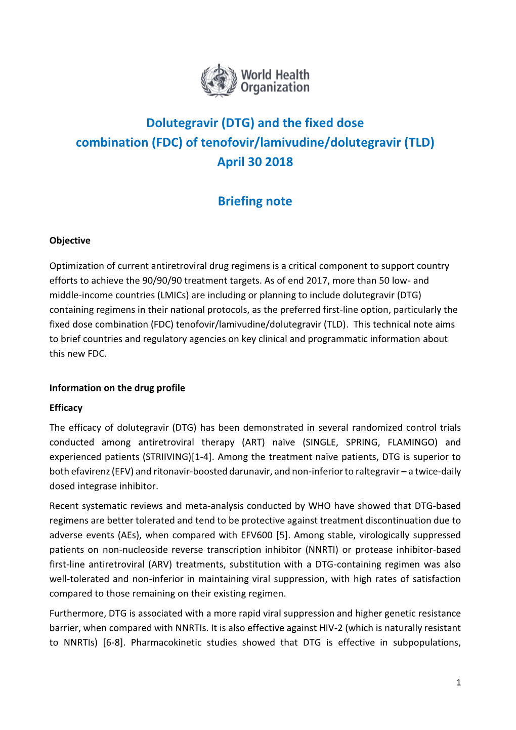 Of Tenofovir/Lamivudine/Dolutegravir (TLD) April 30 2018 Briefing Note