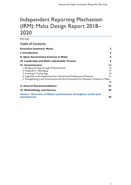 (IRM): Malta Design Report 2018– 2020 IRM Staff Table of Contents Executive Summary: Malta 2 I