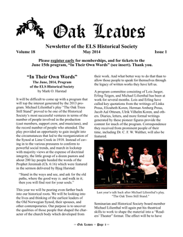 Newsletter of the ELS Historical Society Volume 18 May 2014 Issue 1
