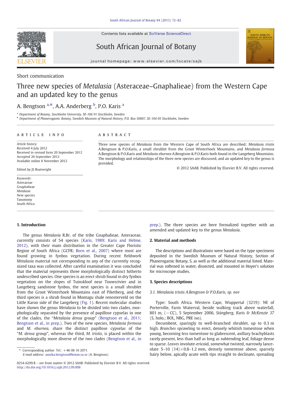 Three New Species of Metalasia (Asteraceae–Gnaphalieae) from the Western Cape and an Updated Key to the Genus