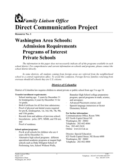 Washington Area Schools: Admission Requirements Programs of Interest Private Schools