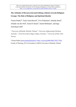 The Attitudes of Deconverted and Lifelong Atheists Towards Religious Groups: the Role of Religious and Spiritual Identity