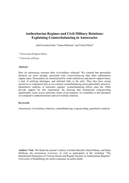 Authoritarian Regimes and Civil-Military Relations: Explaining Counterbalancing in Autocracies
