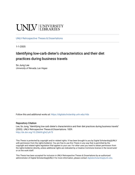 Identifying Low-Carb Dieter's Characteristics and Their Diet Practices During Business Travels