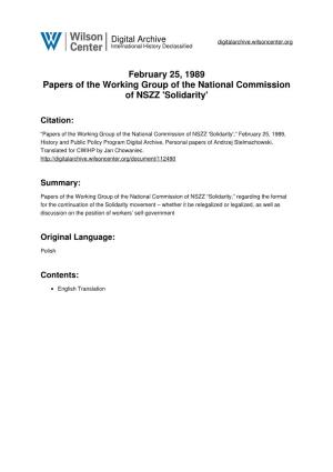 February 25, 1989 Papers of the Working Group of the National Commission of NSZZ 'Solidarity'