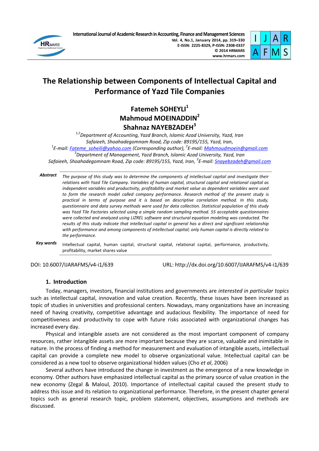 The Relationship Between Components of Intellectual Capital and Performance of Yazd Tile Companies