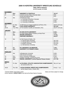 2009-10 HOFSTRA UNIVERSITY WRESTLING SCHEDULE FINAL 2009-10 Statistics (6-12-2 Overall, 4-3 CAA)