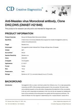 Anti-Measles Virus Monoclonal Antibody, Clone DW2,DW5 (DMABT-H21849) This Product Is for Research Use Only and Is Not Intended for Diagnostic Use