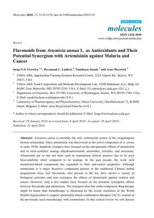 Flavonoids from Artemisia Annua L. As Antioxidants and Their Potential Synergism with Artemisinin Against Malaria and Cancer
