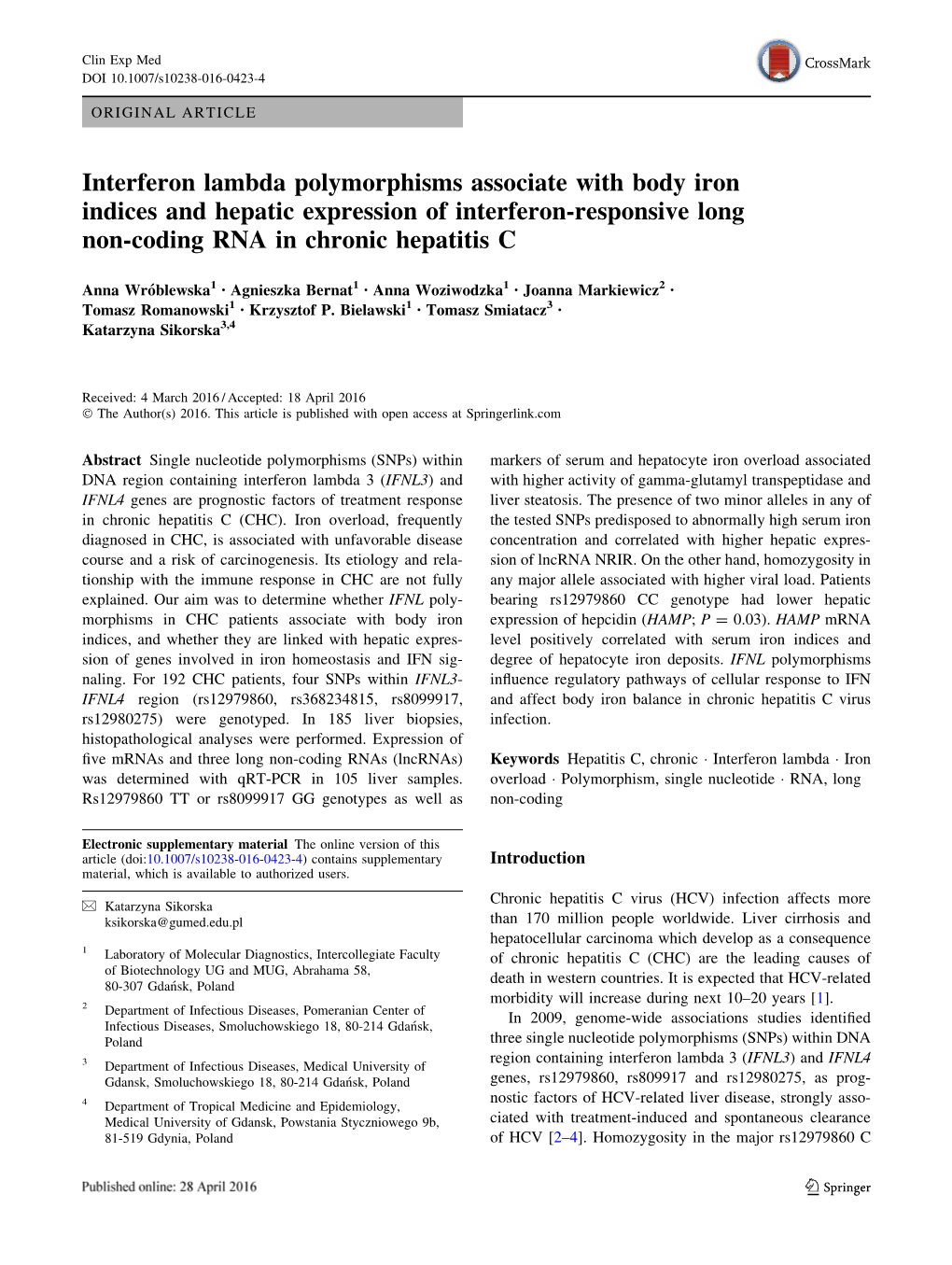 Interferon Lambda Polymorphisms Associate with Body Iron Indices and Hepatic Expression of Interferon-Responsive Long Non-Coding RNA in Chronic Hepatitis C