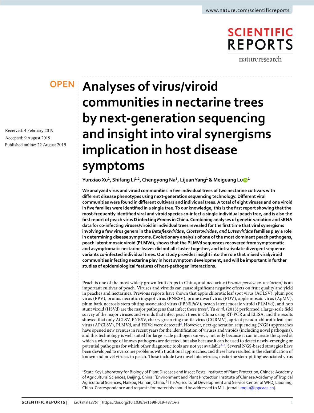 Analyses of Virus/Viroid Communities in Nectarine Trees by Next