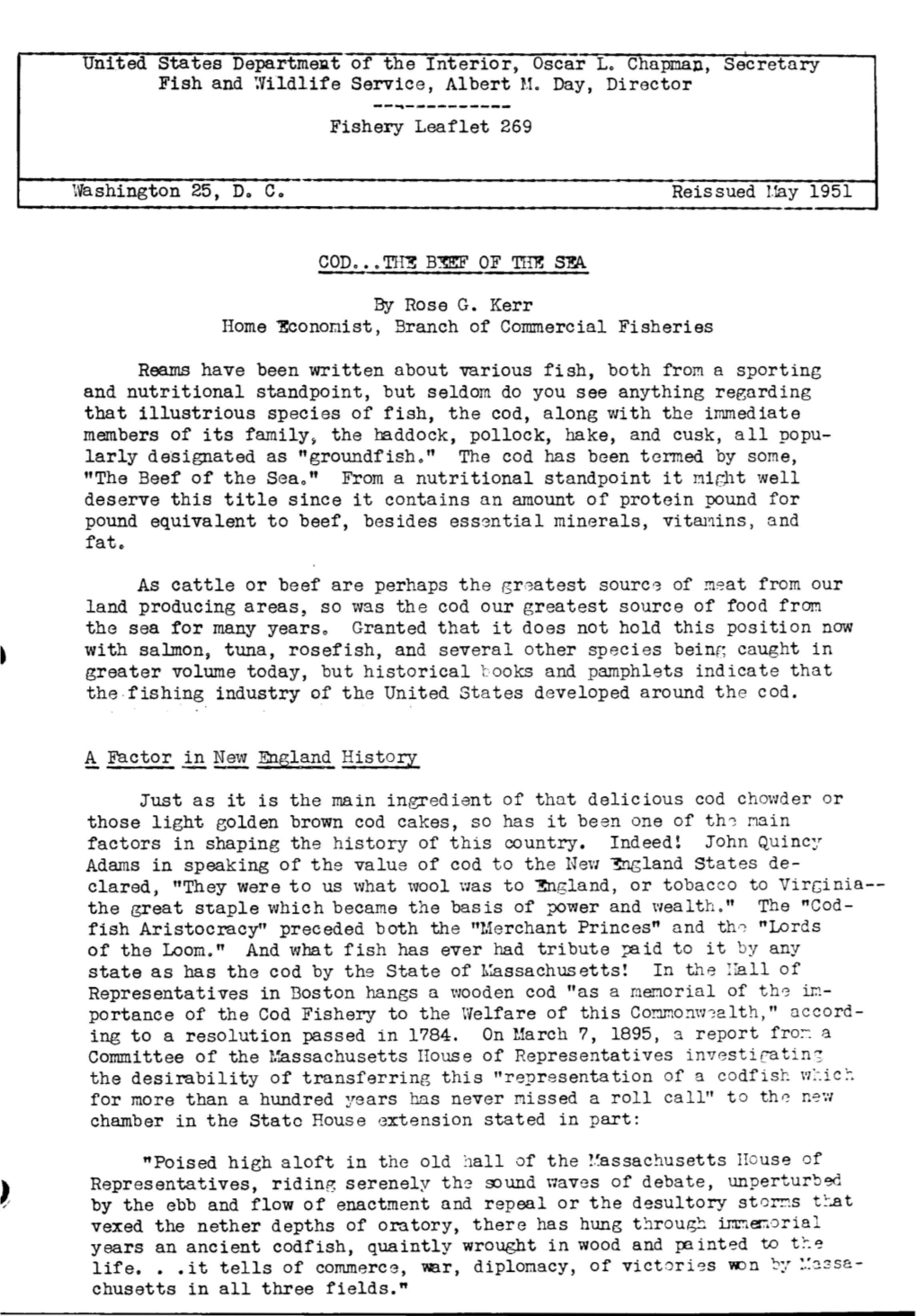 United States Departme:G,T of the Interior, Oscar L. Chapman, Secretary Fish and Wildlife Service, Albert H