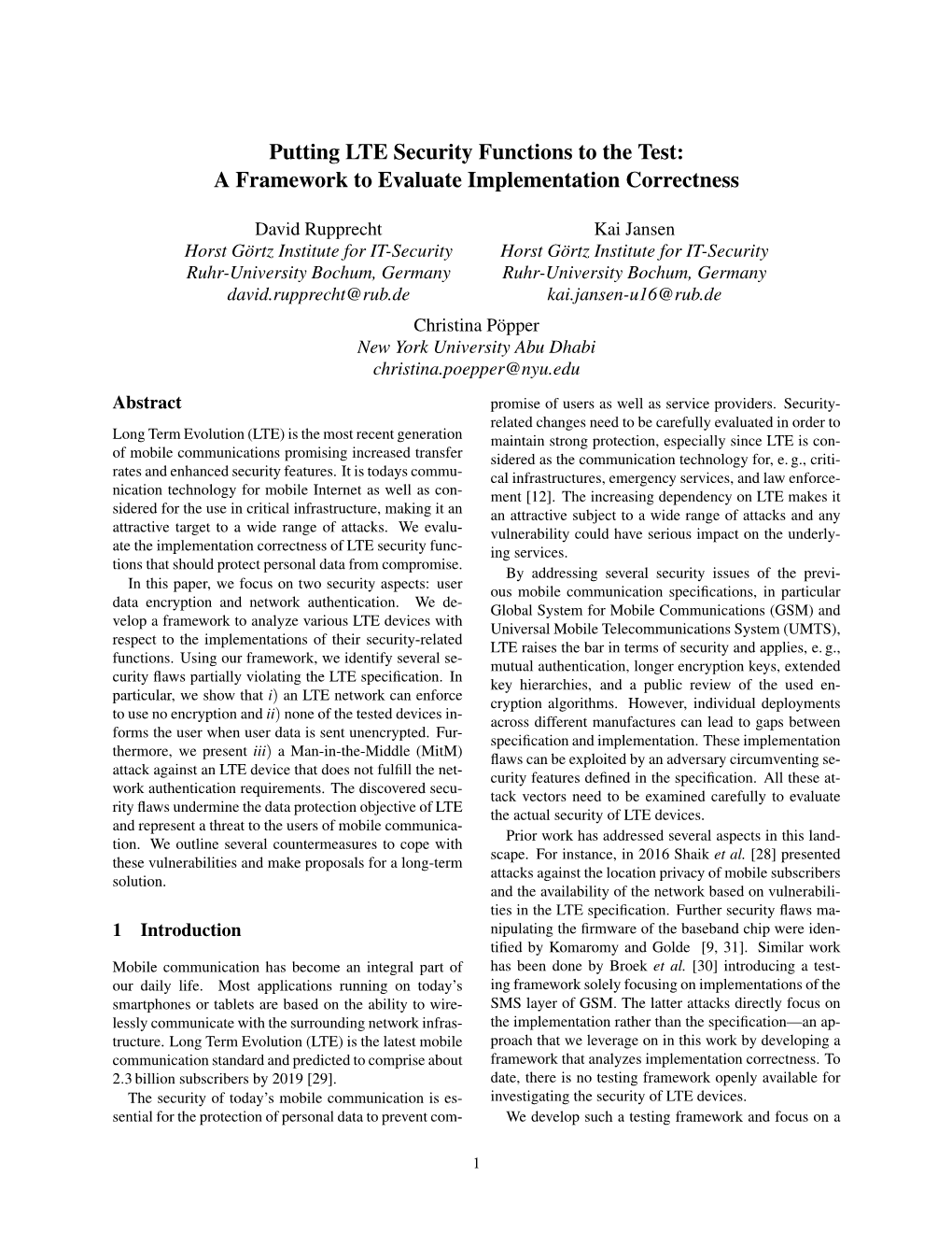 Putting LTE Security Functions to the Test: a Framework to Evaluate Implementation Correctness