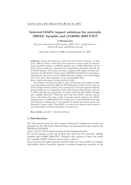 Selected Orbfit Impact Solutions for Asteroids (99942) Apophis and (144898) 2004 VD17 I