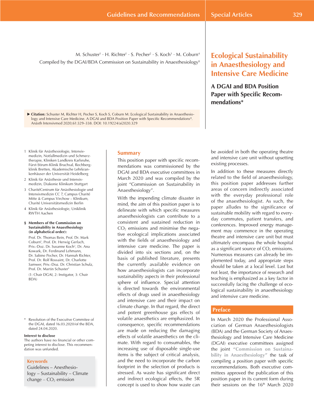 Ecological Sustainability in Anaesthesiology and Intensive Care Medicine