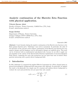 Analytic Continuation of the Hurwitz Zeta Function with Physical Application